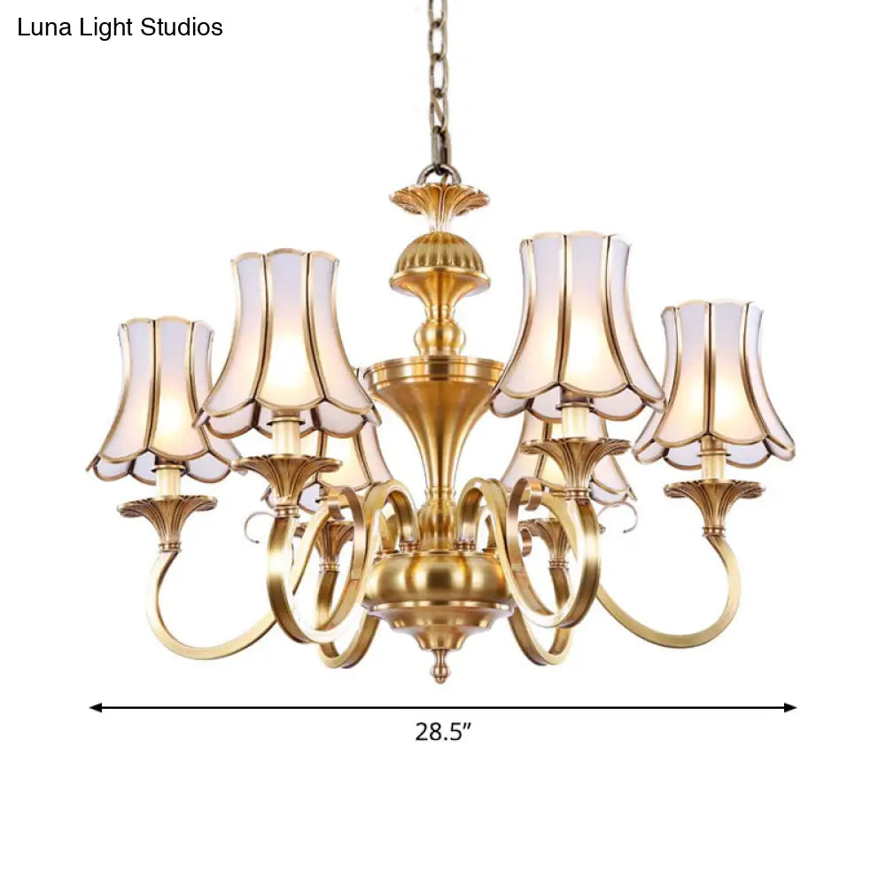 Traditional Bedroom Chandelier Light With Frosted Glass Shades - Polished Brass Finish 3/5/6 Lights