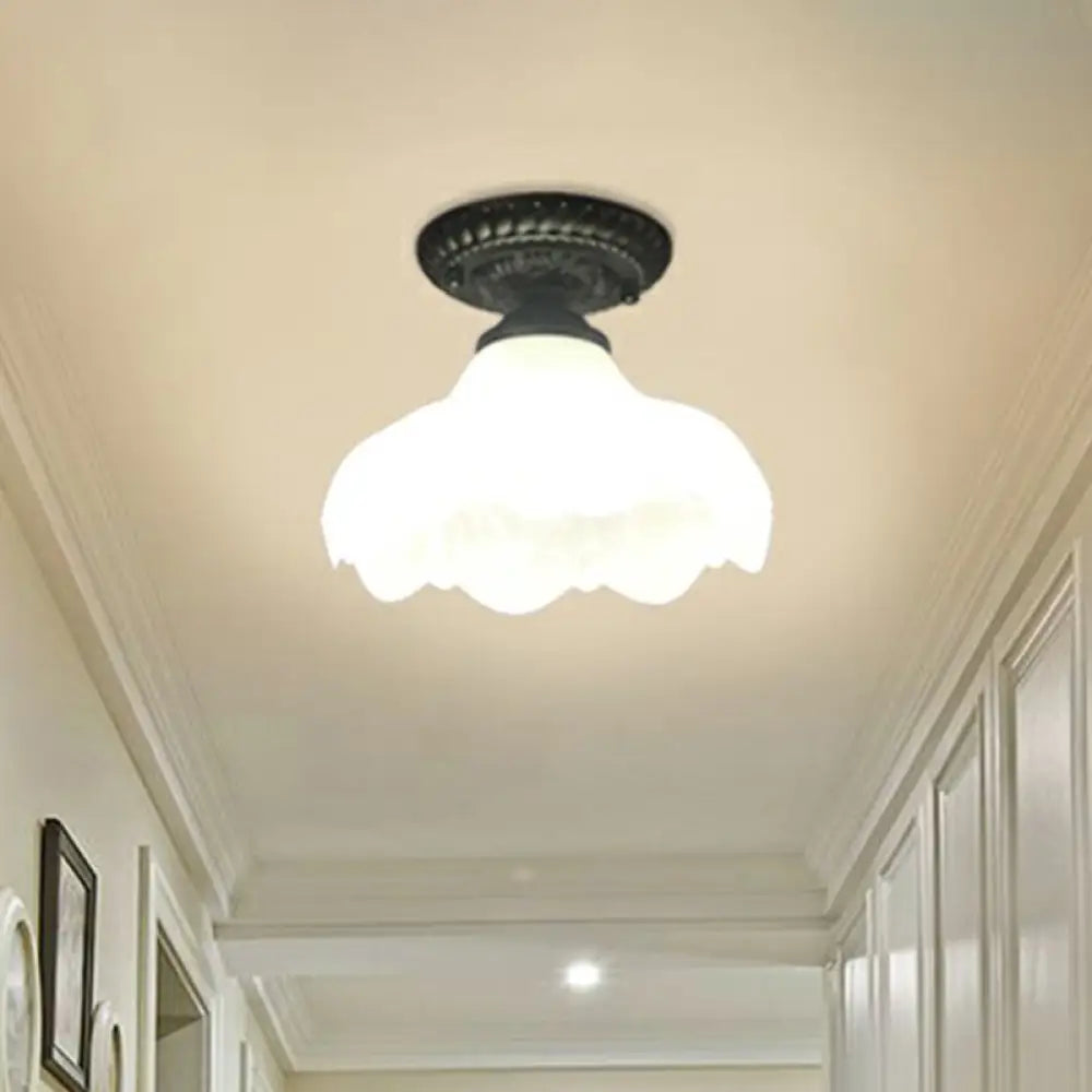 Traditional Black Bell Semi Flush Ceiling Light Fixture With Frosted Glass - 1 - Light / C