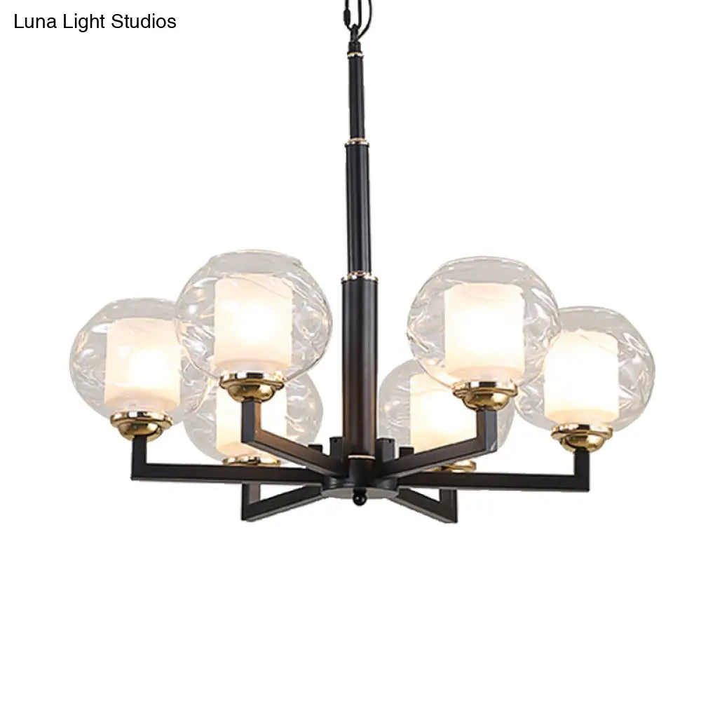 Traditional Black Ceiling Lamp - 3/6/8 Bulbs Clear Textured Glass Living Room Pendant Light
