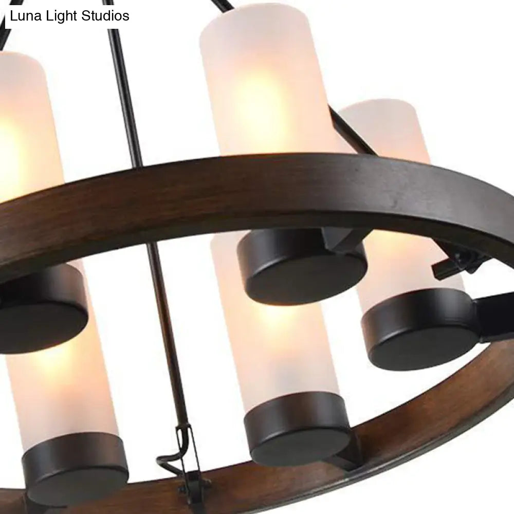 Traditional Black Glass Chandelier - 6 Cylinder Heads Frosted White Suspension Pendant Lamp With
