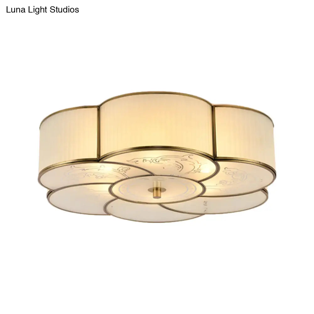 Traditional Brass Floral Flush Mount Lamp For Bedroom With Frosted Glass