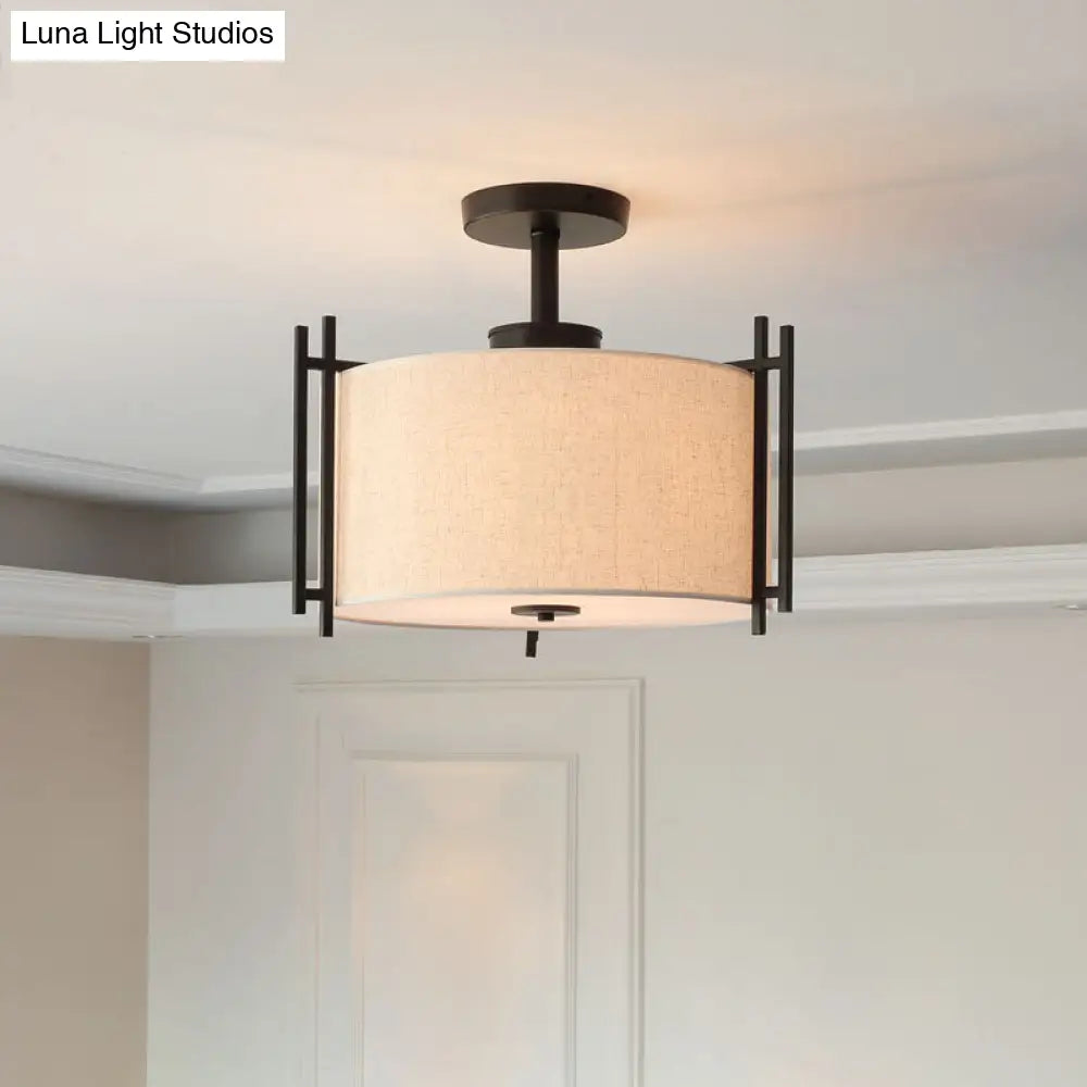 Traditional Flaxen Fabric Drum Ceiling Mount Light For Living Room