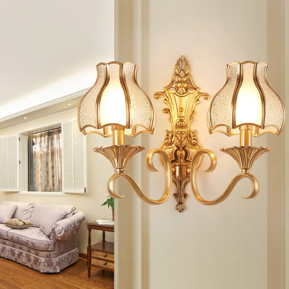 Traditional Floral Wall Mount Light Fixture With Gold Ripple Glass 2 /