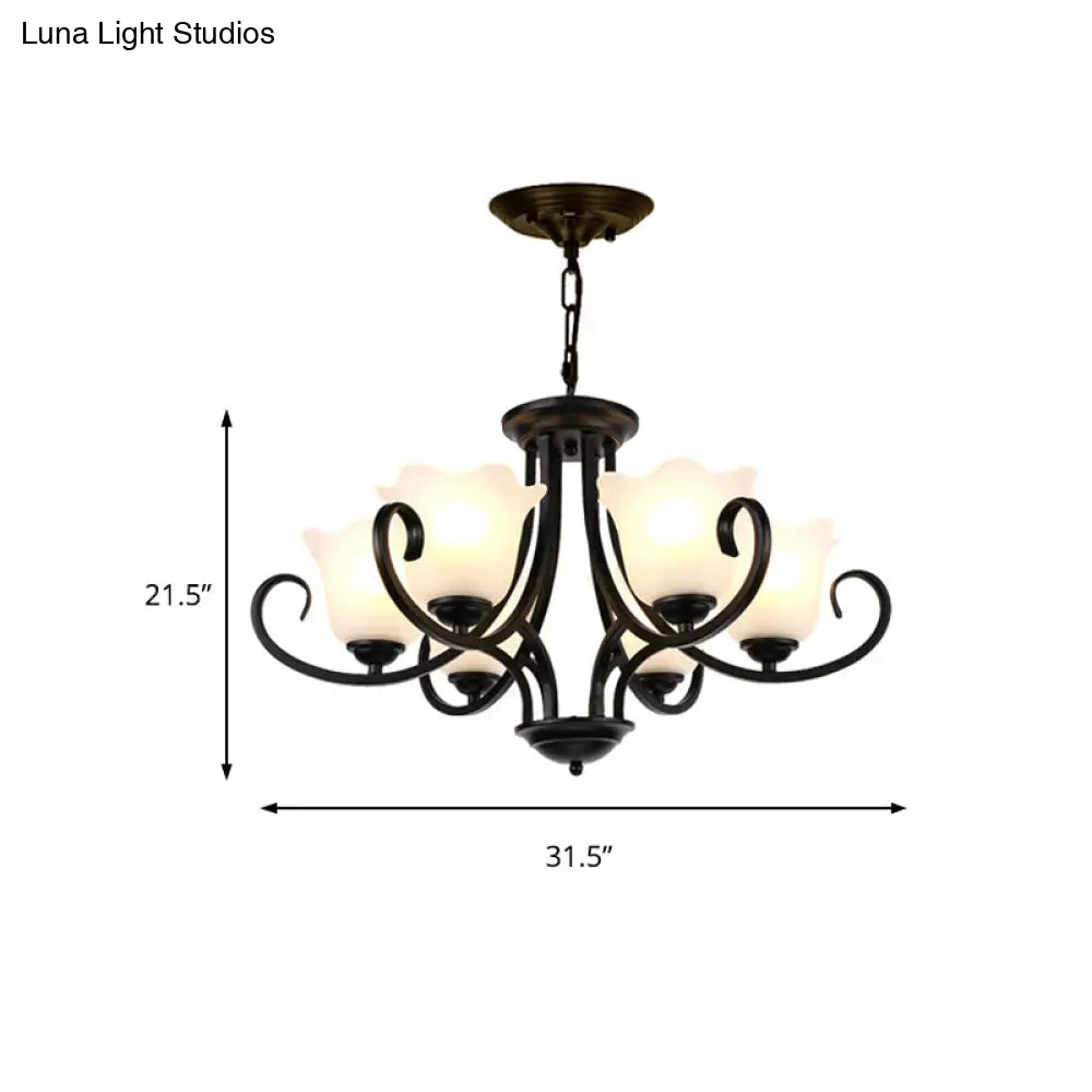 Traditional Flower Shape Frosted Glass Ceiling Chandelier With Black Finish - Ideal For Living Room