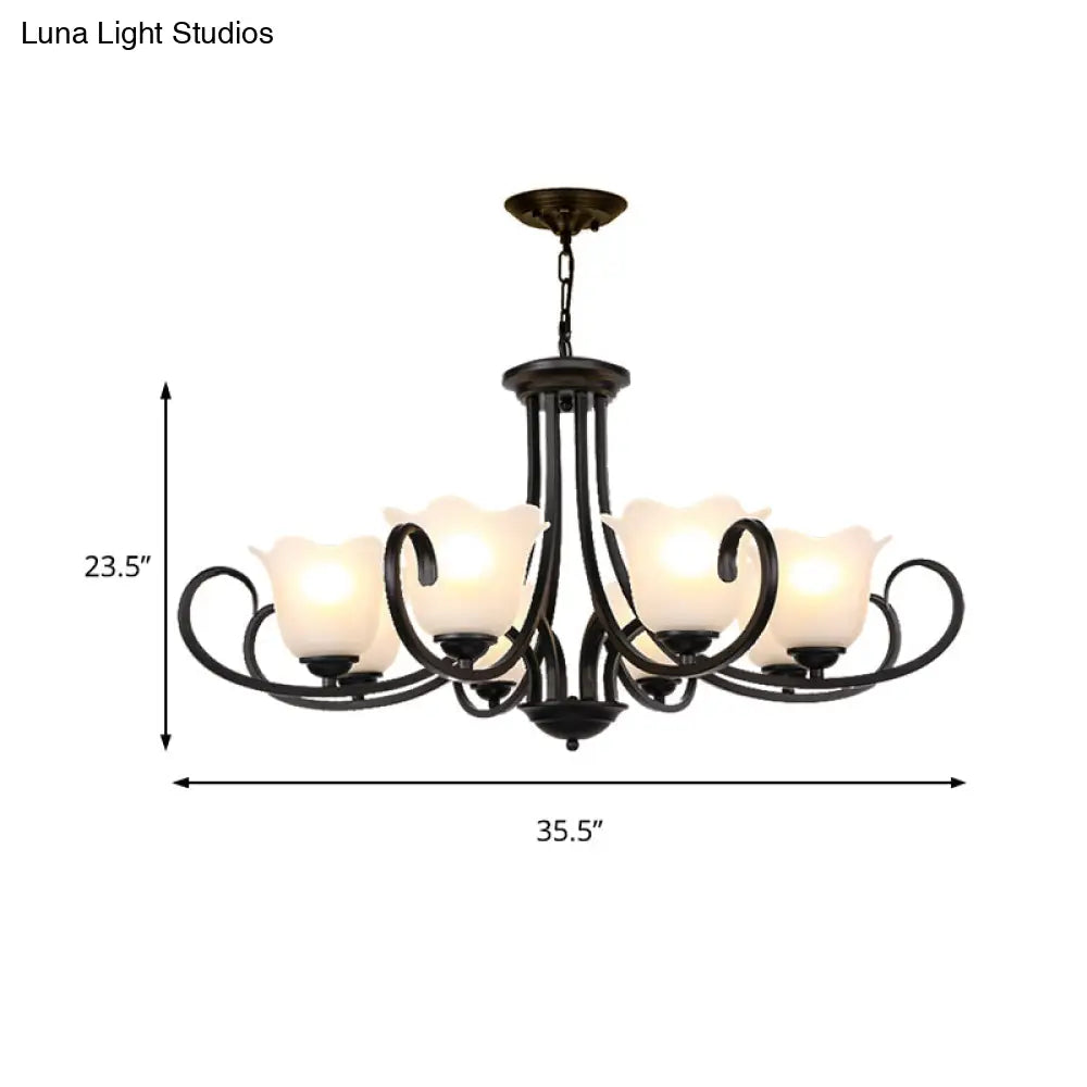 Traditional Flower Shape Frosted Glass Ceiling Chandelier With Black Finish - Ideal For Living Room