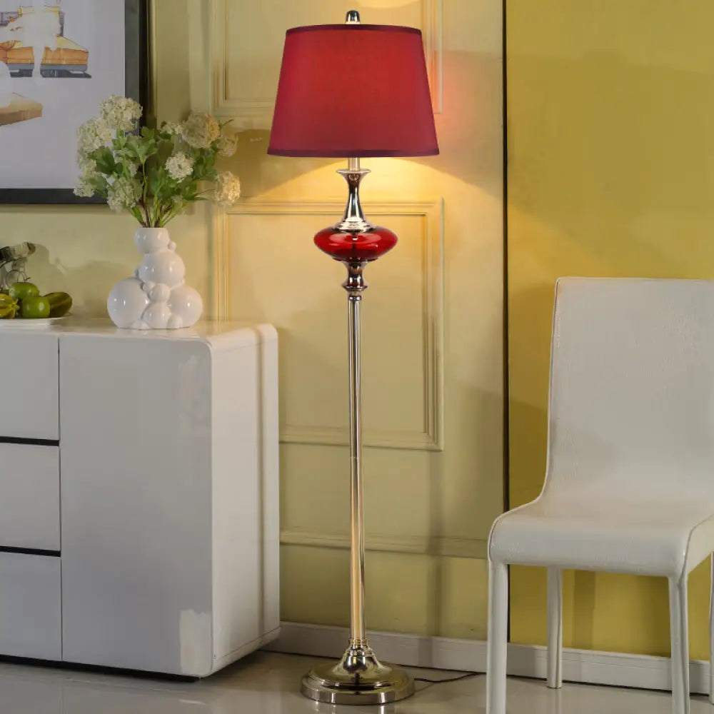 Traditional Style Conical Shade Floor Lamp White/Red Fabric 1 Head For Guest Room Red