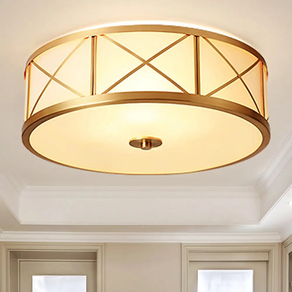 Traditional White Glass Drum Dining Room Flushmount Light With Brass Accent 4 Lights