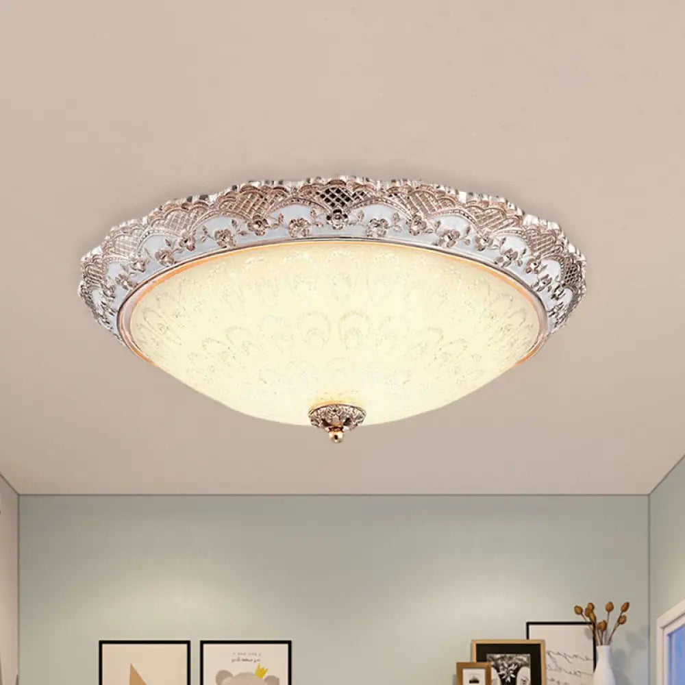 Traditional White Glass Led Flush Mount With Carved Trim – Bowl - Shaped Bedroom Beige Flushmount