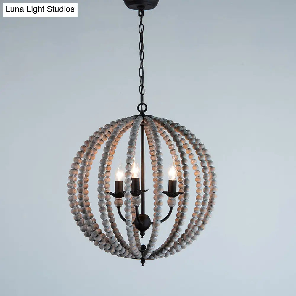 Traditional Wood Beaded Sphere Pendant Chandelier With Inner Candelabra Design
