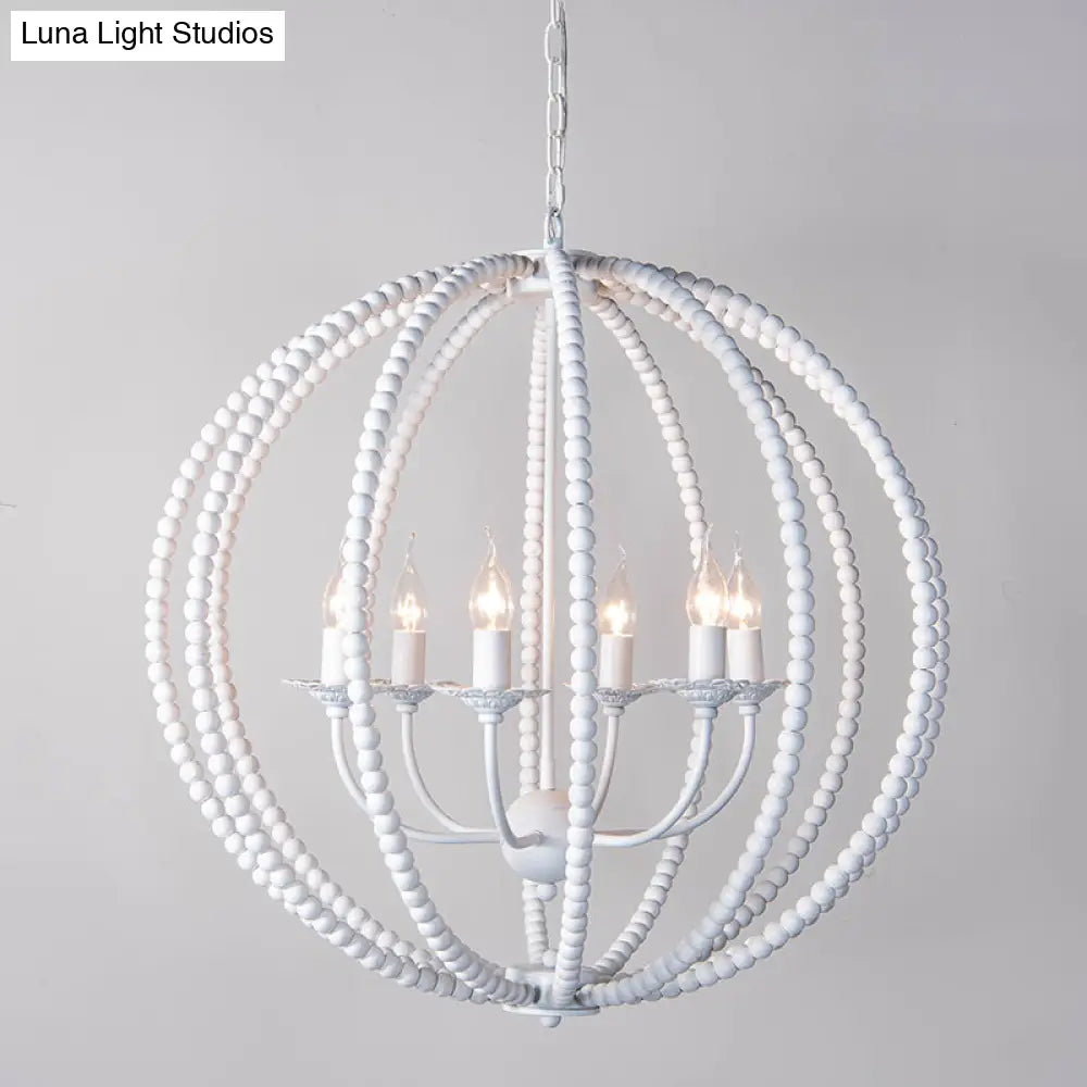 Traditional Wood Beaded Sphere Pendant Chandelier With Inner Candelabra Design