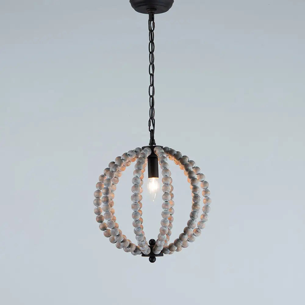 Traditional Wood Beaded Sphere Pendant Chandelier With Inner Candelabra Design Grey / Small