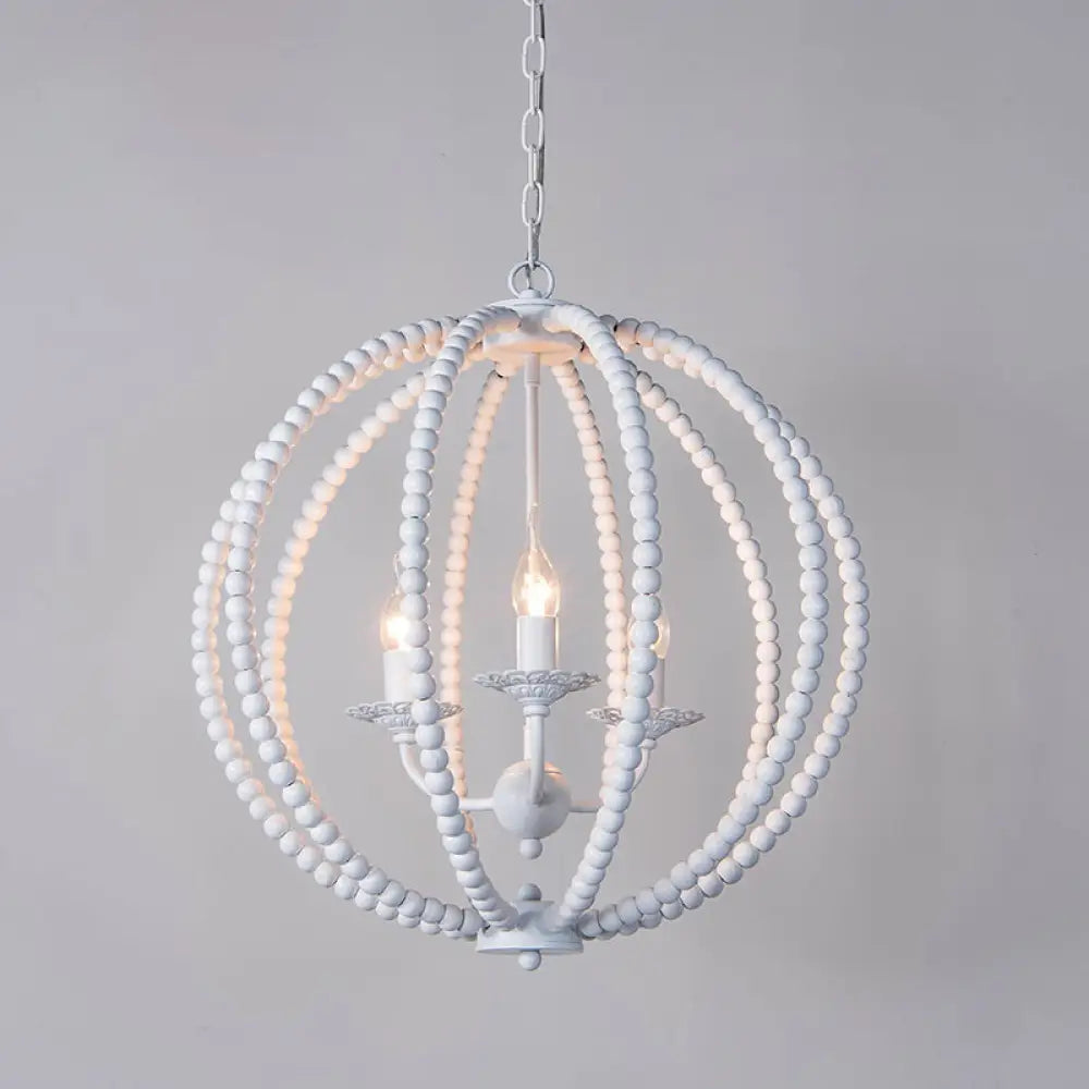 Traditional Wood Beaded Sphere Pendant Chandelier With Inner Candelabra Design White / Medium