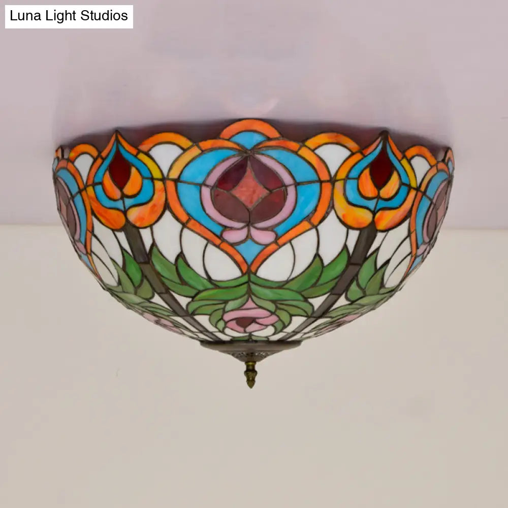 Victorian Glass Ceiling Flush Mount Light Fixture - Bowl Cut 2/3/5 Heads White/Green