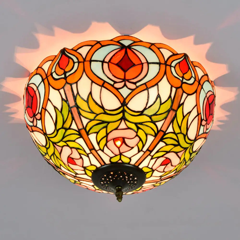 Victorian Glass Ceiling Flush Mount Light Fixture - Bowl Cut 2/3/5 Heads White/Green