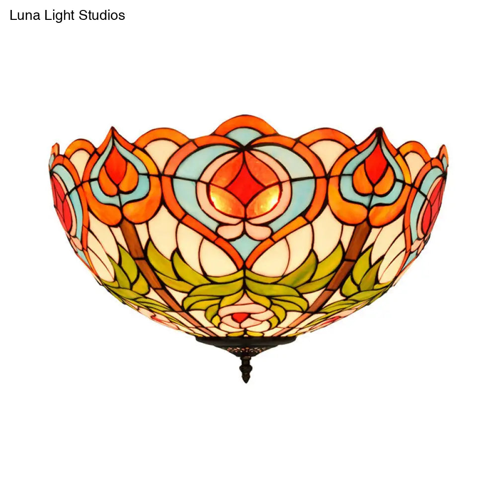 Victorian Glass Ceiling Flush Mount Light Fixture - Bowl Cut 2/3/5 Heads White/Green
