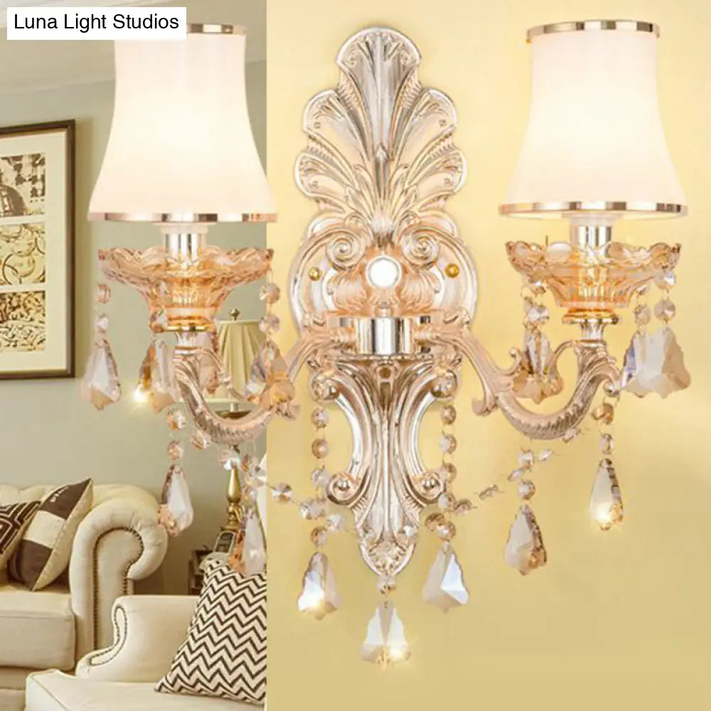 Victorian Metal Wall Sconce With Candlelight Shade And Crystal Décor