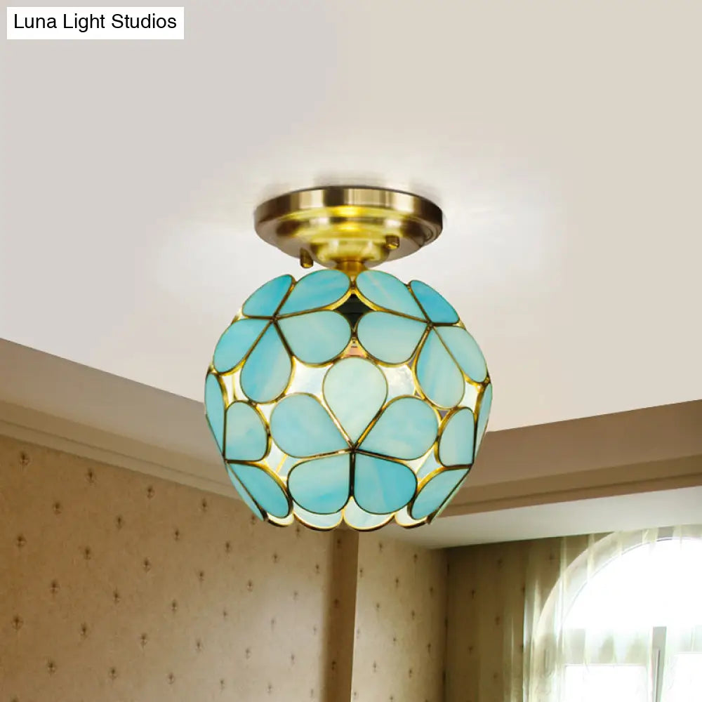 Victorian Stained Glass Flower Ceiling Light In White/Pink/Orange Semi - Mount
