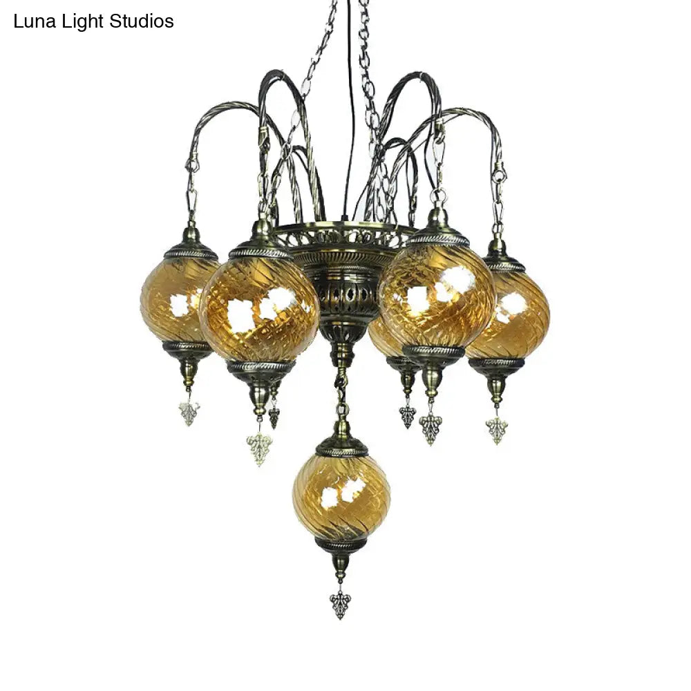 Vintage Amber Swirl Glass Globe Chandelier - Coffee House Pendant Light Fixture