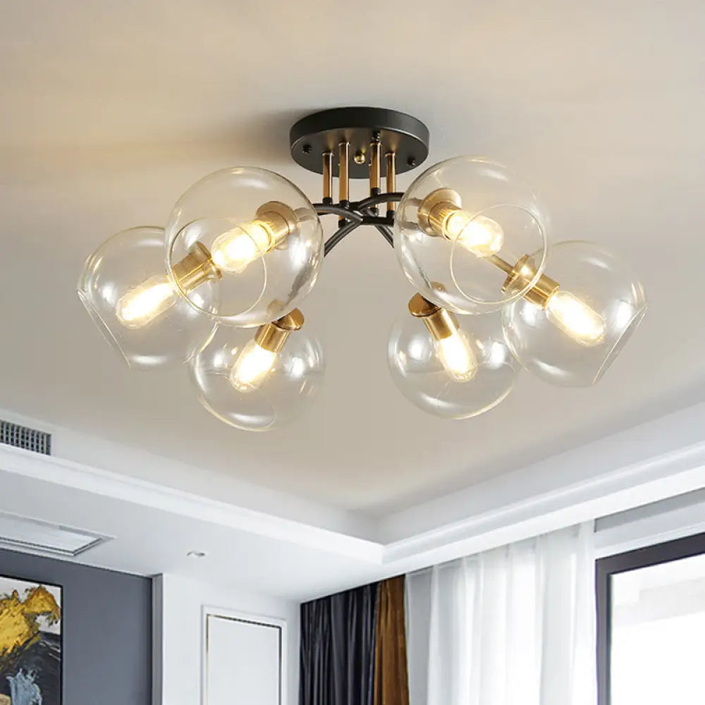 Vintage Black 6 - Head Hotel Ceiling Light With Orb Smoke/Clear Glass Shade Clear
