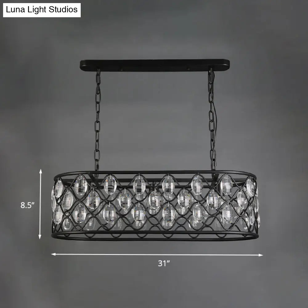 Vintage Black Crystal Drip Oval Hanging Light - 3 Heads Island For Dining Room