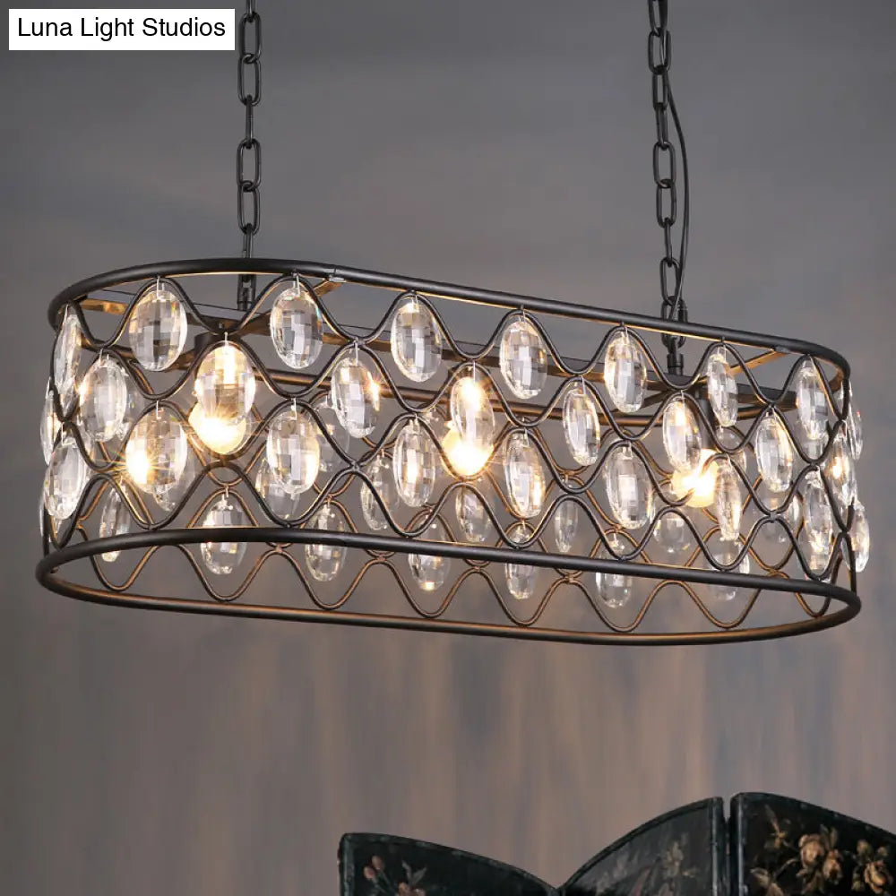 Vintage Black Crystal Drip Oval Hanging Light - 3 Heads Island For Dining Room