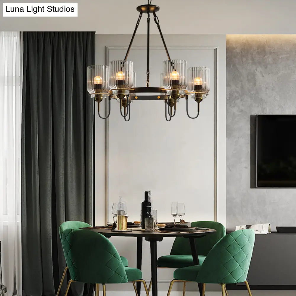 Vintage Black Glass Ribbed Chandelier - Cylindrical Suspension Lamp For Dining Room