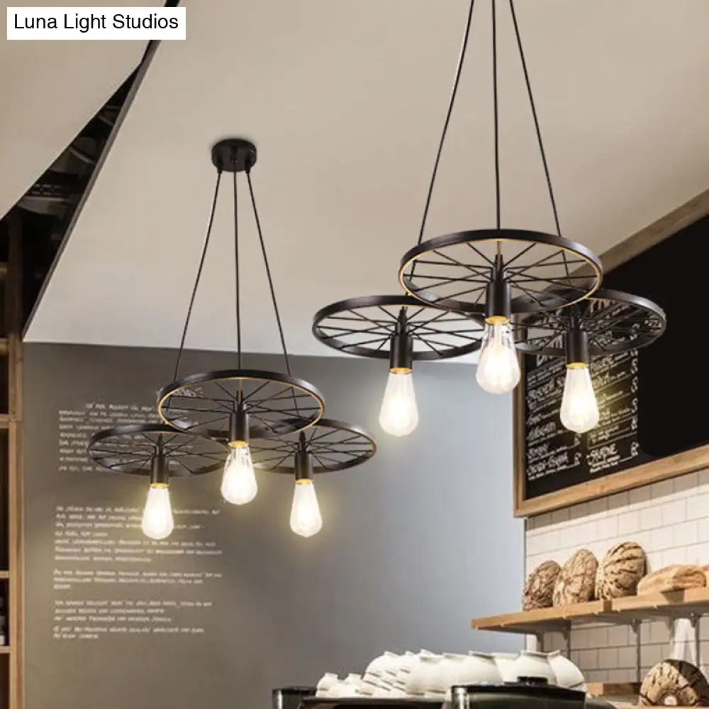 Vintage Black Metal Wagon Wheel Hanging Pendant Light For Coffee Shop Suspension