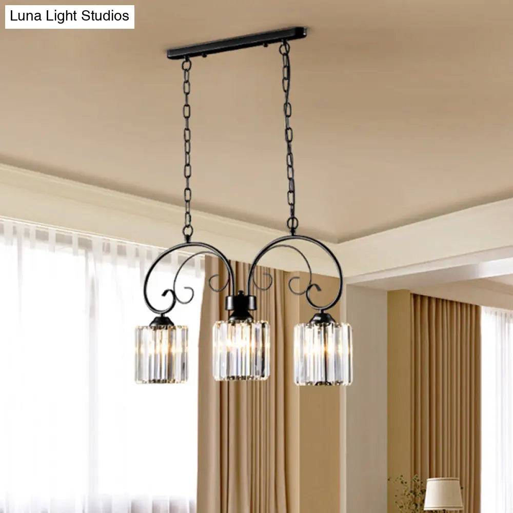 Vintage Black Prismatic Crystal Cylinder Island Light Fixture For Dining Room