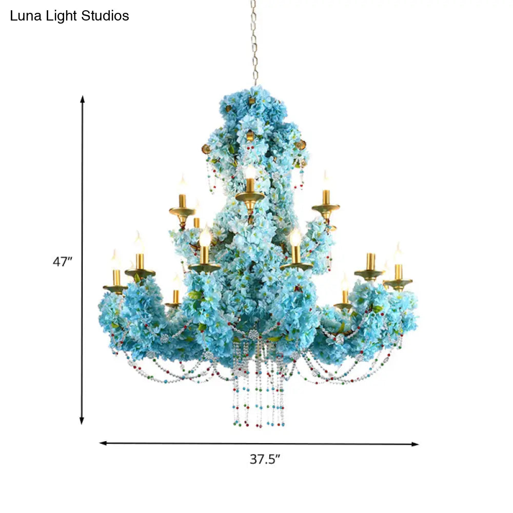 Vintage Blue Candelabra Led Chandelier Light With Crystal Accent - Metal 12 Lights Ideal For