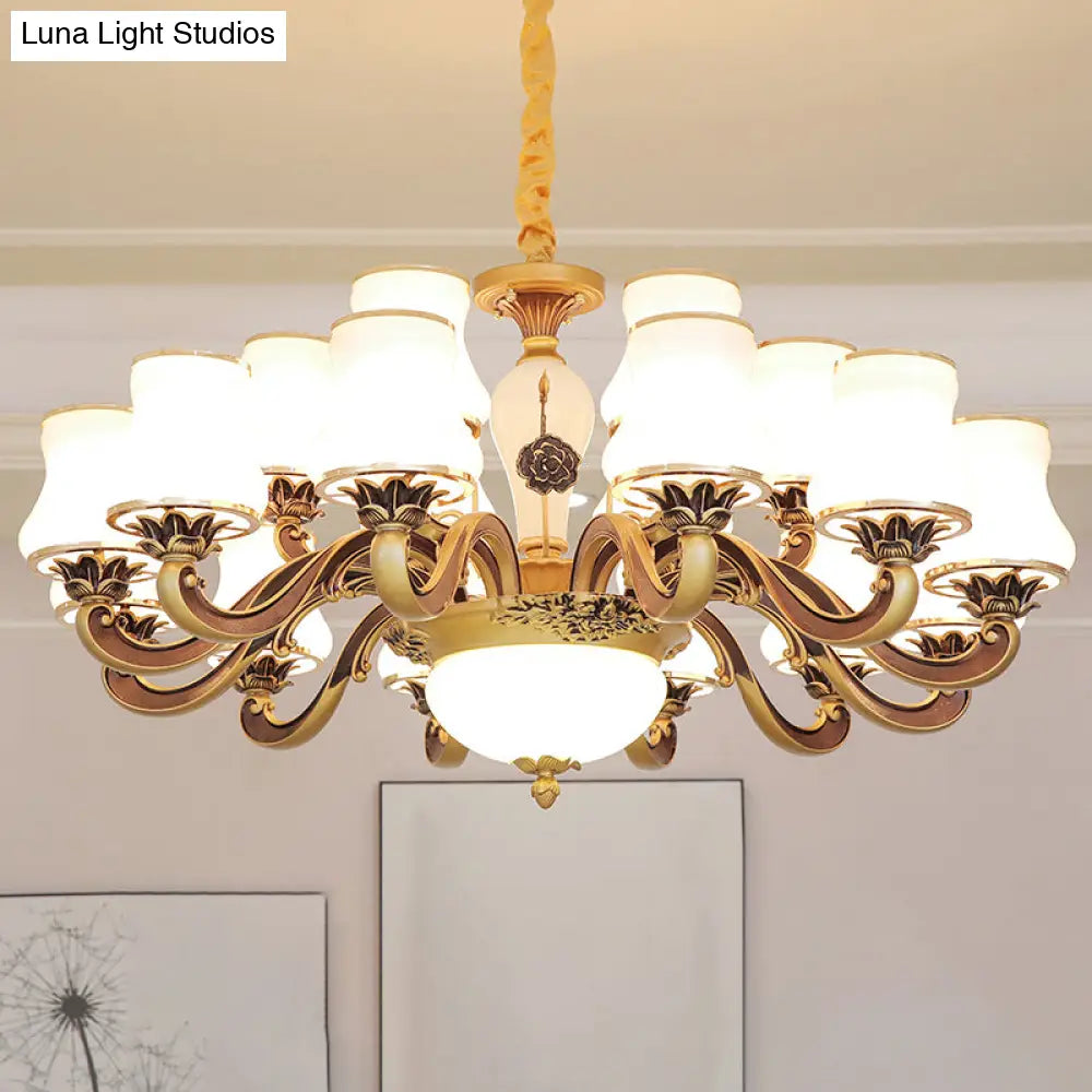 Vintage Brass Chandelier: White Glass Flared Design For Dining Room Lighting