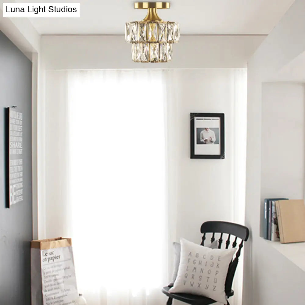 Vintage Brass/Clear Ceiling Mount Light With Crystal Accent - Perfect For Hallway