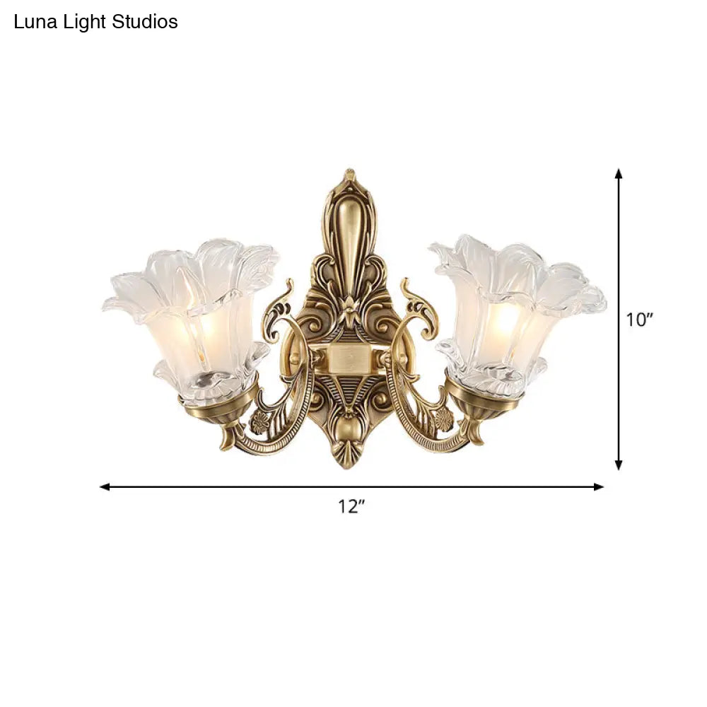 Vintage Brass Floral Wall Lamp With Fluted Glass And Curved Arm Sconce Lighting For Living Room