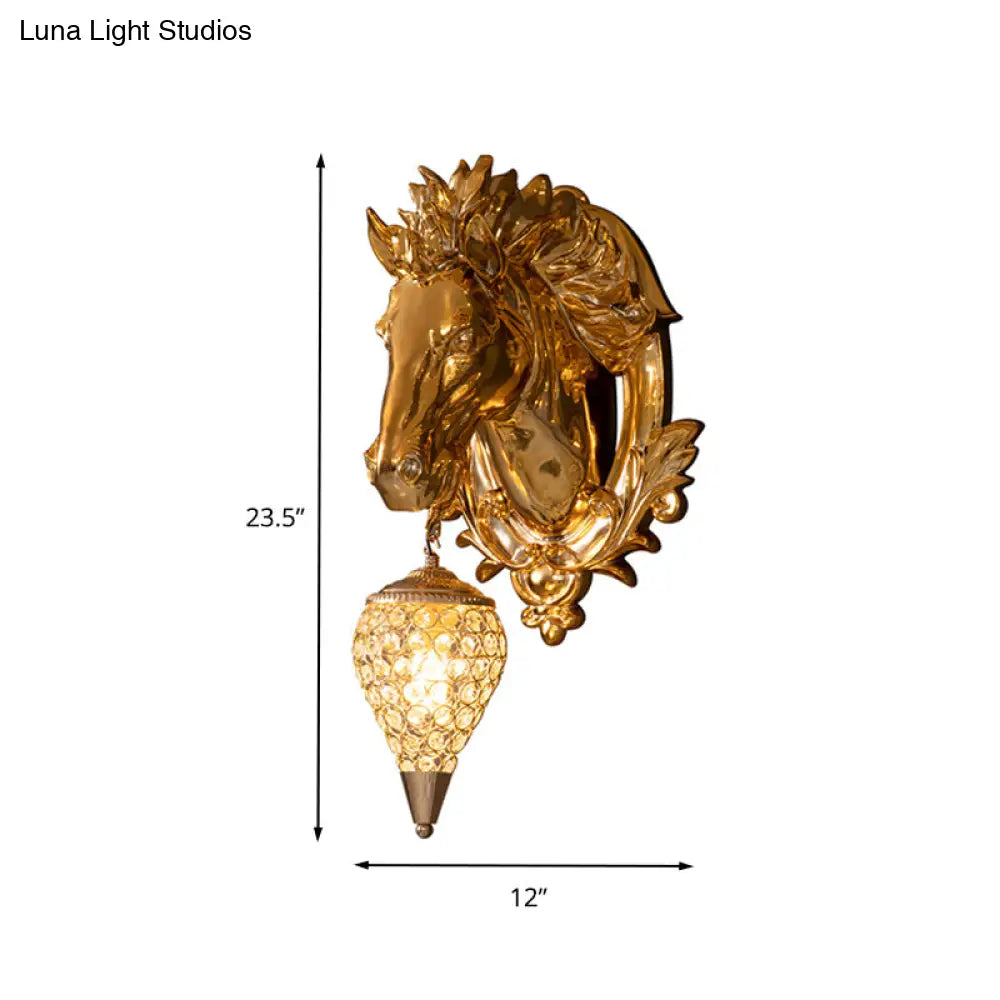 Vintage Brass Horse Sconce Light Resin Wall Mount With Metal And Crystal Shade - 9.5/12 Wide