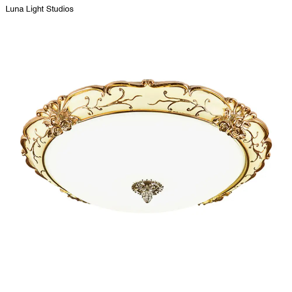 Vintage Brass Scroll Floral Trim Opal Glass Flushmount Led Ceiling Light For Bedroom -