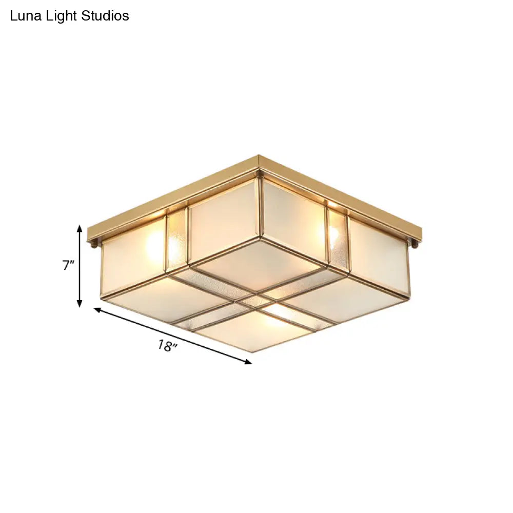 Vintage Brass Square Flush Mount Light With Frosted Glass Shades - Perfect For Bedrooms And