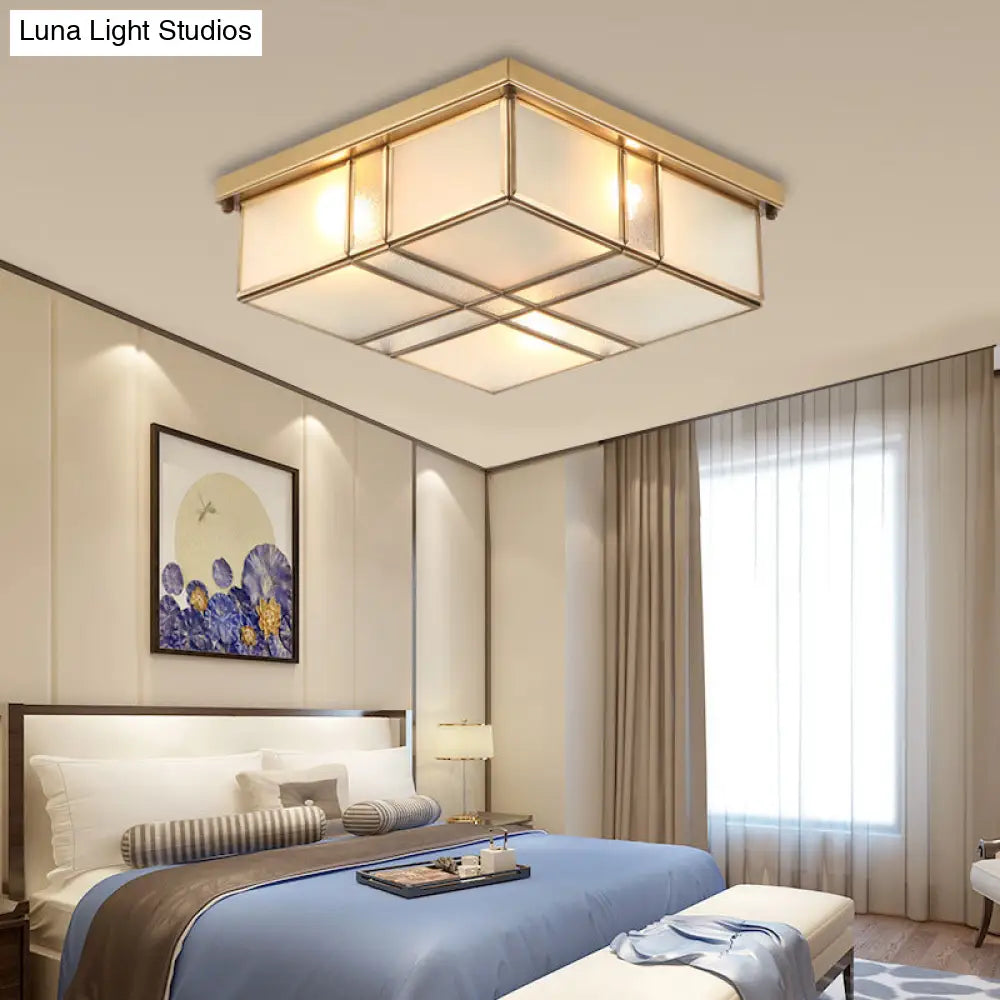 Vintage Brass Square Flush Mount Light With Frosted Glass Shades - Perfect For Bedrooms And Hallways