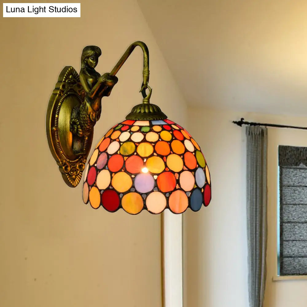 Vintage Brass Tiffany Stained Glass Wall Sconce With Multicolor Dome Light