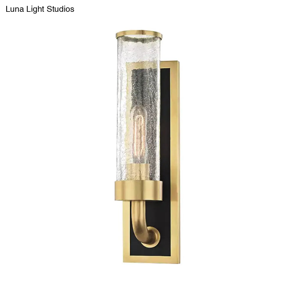 Vintage Brass Wall Sconce With Clear Crackle Glass Shade - Metal Tube Lighting For Dining Room (1/2