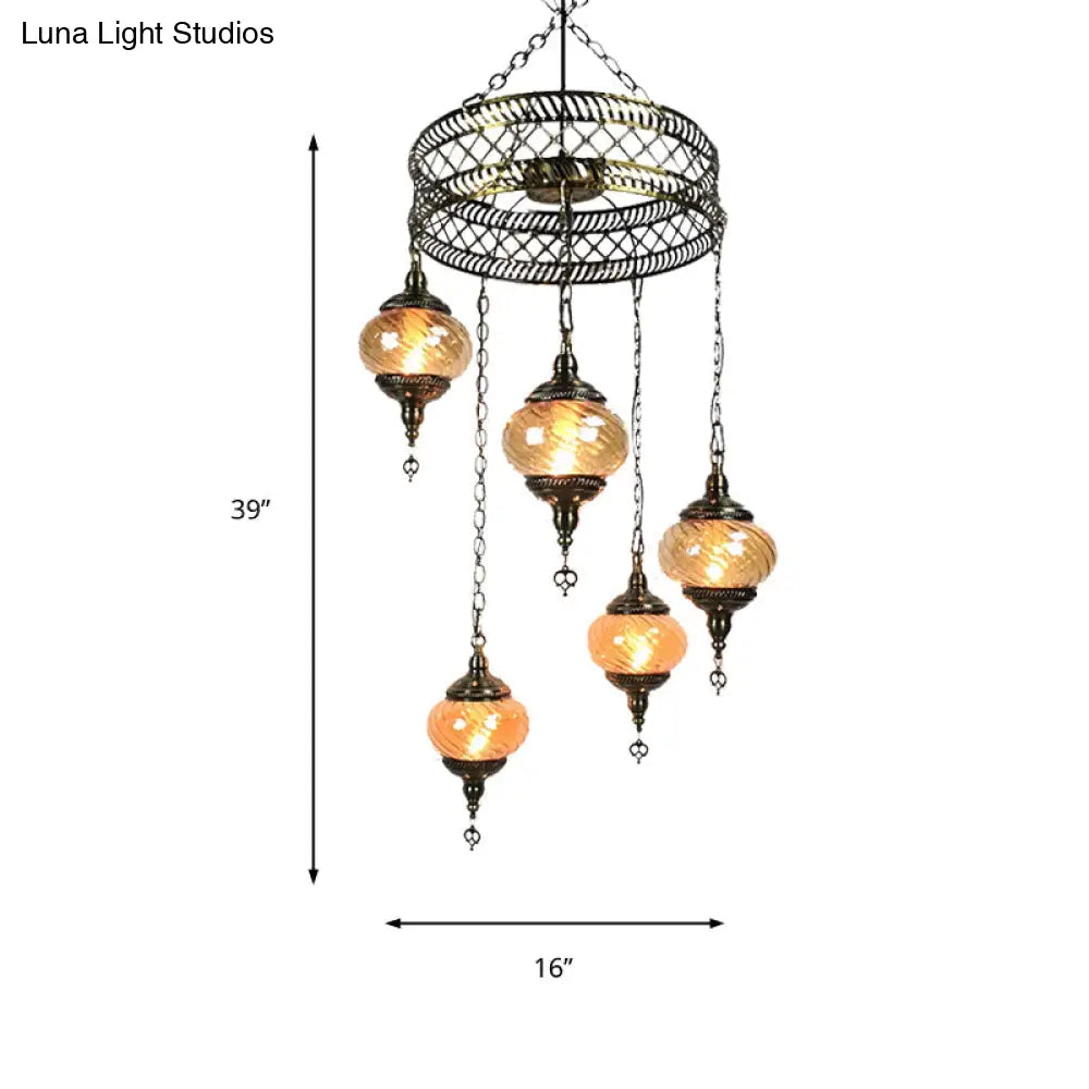 Vintage Bronze Chandelier With Colorful Glass Shades - 3/5/7 Bulbs Pendant Light For Coffee House