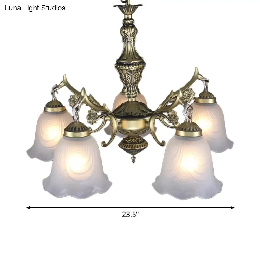 Vintage Bronze Floral Down Chandelier With Frosted Glass - 5-Bulb Dining Room Lamp