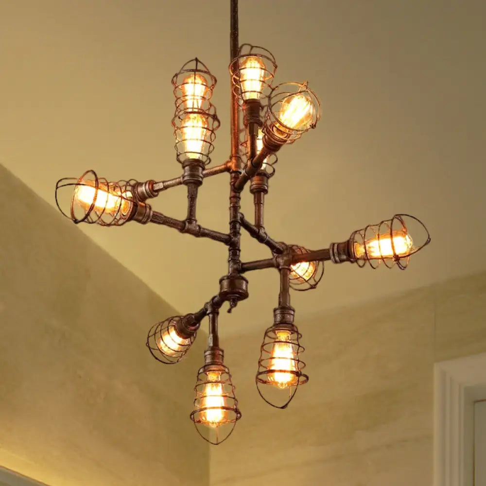 Vintage Bronze Iron Cage Chandelier Lamp - 8/12 Heads Stylish Wire Design Perfect For Dining Room