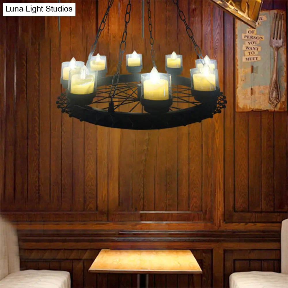 Vintage Candle Ceiling Light Fixture: Black Iron Chandelier With Cylinder Shade & Wheel Design -