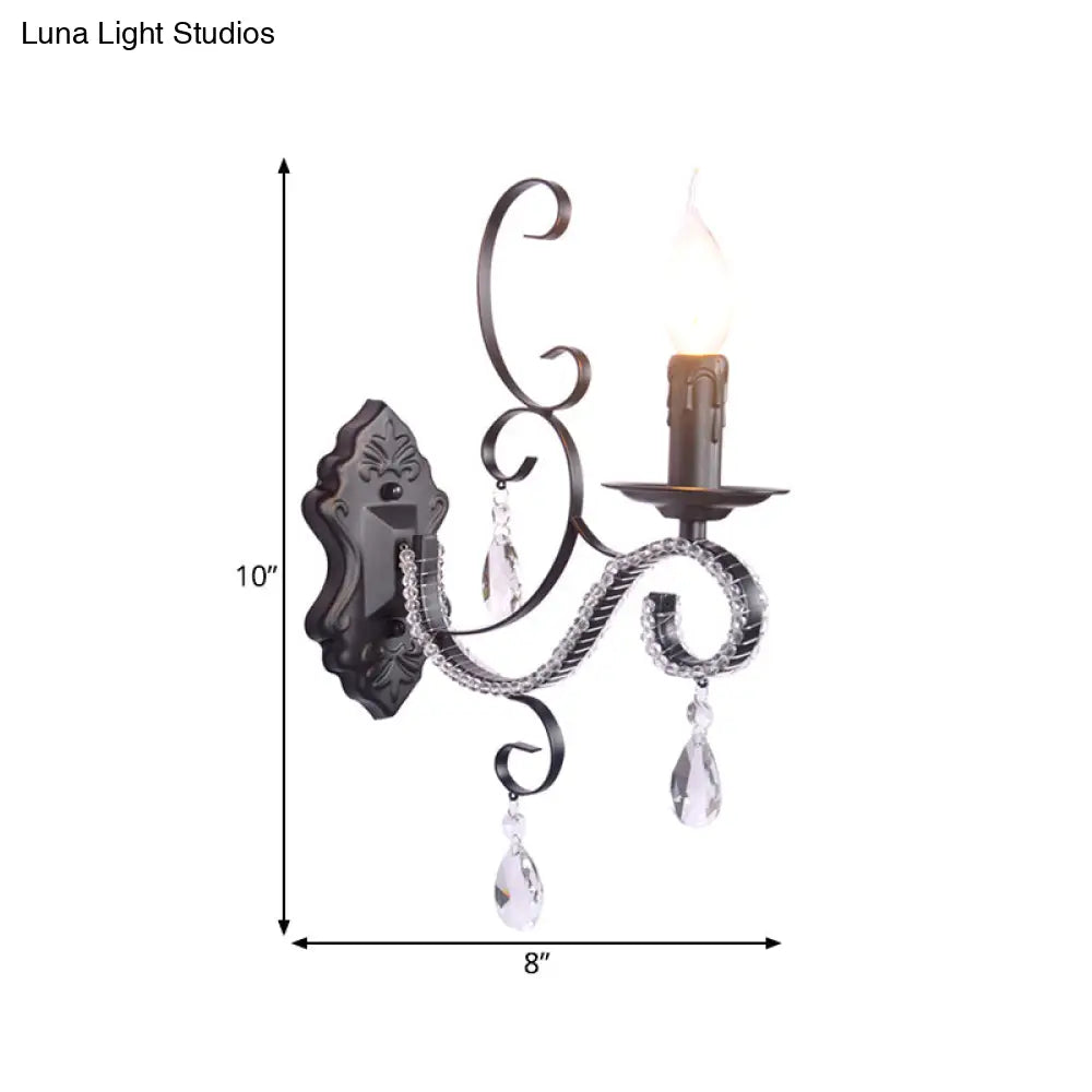Vintage Candle Wall Lamp With Crystal Accent Black Metal Finish