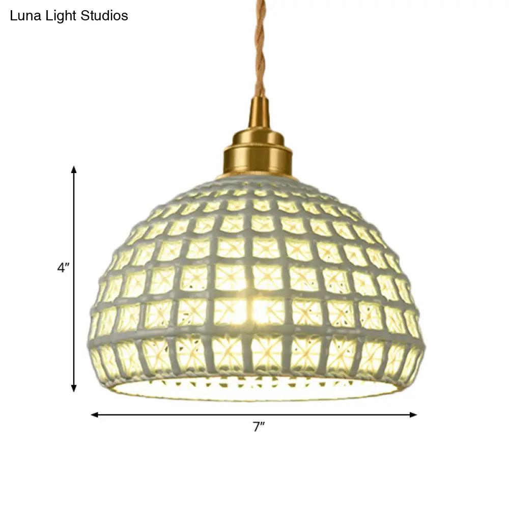 Vintage Ceramic Dome Suspension Lamp With Hollow Out Design Blue/Pink 1-Light Hanging Fixture