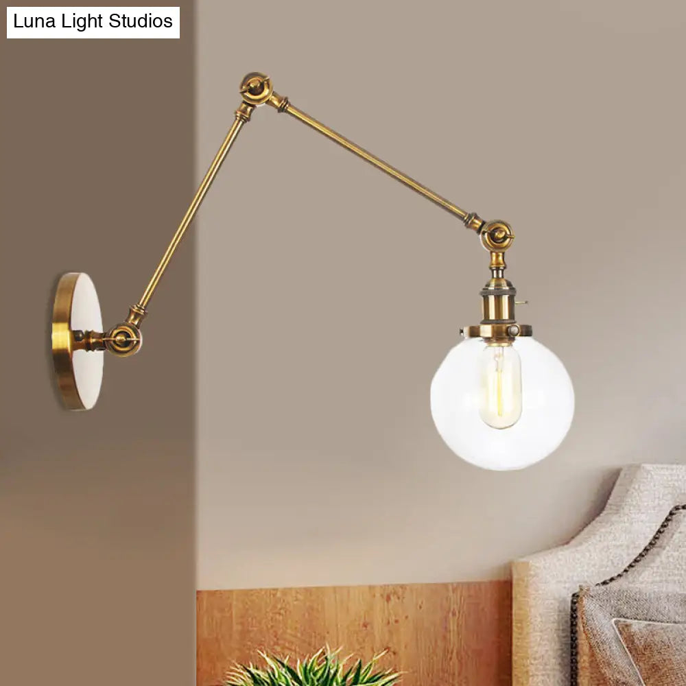 Vintage Chrome/Copper/Bronze Orb Wall Sconce Lamp - Clear/Amber Glass Adjustable Arm 1 Light Ideal