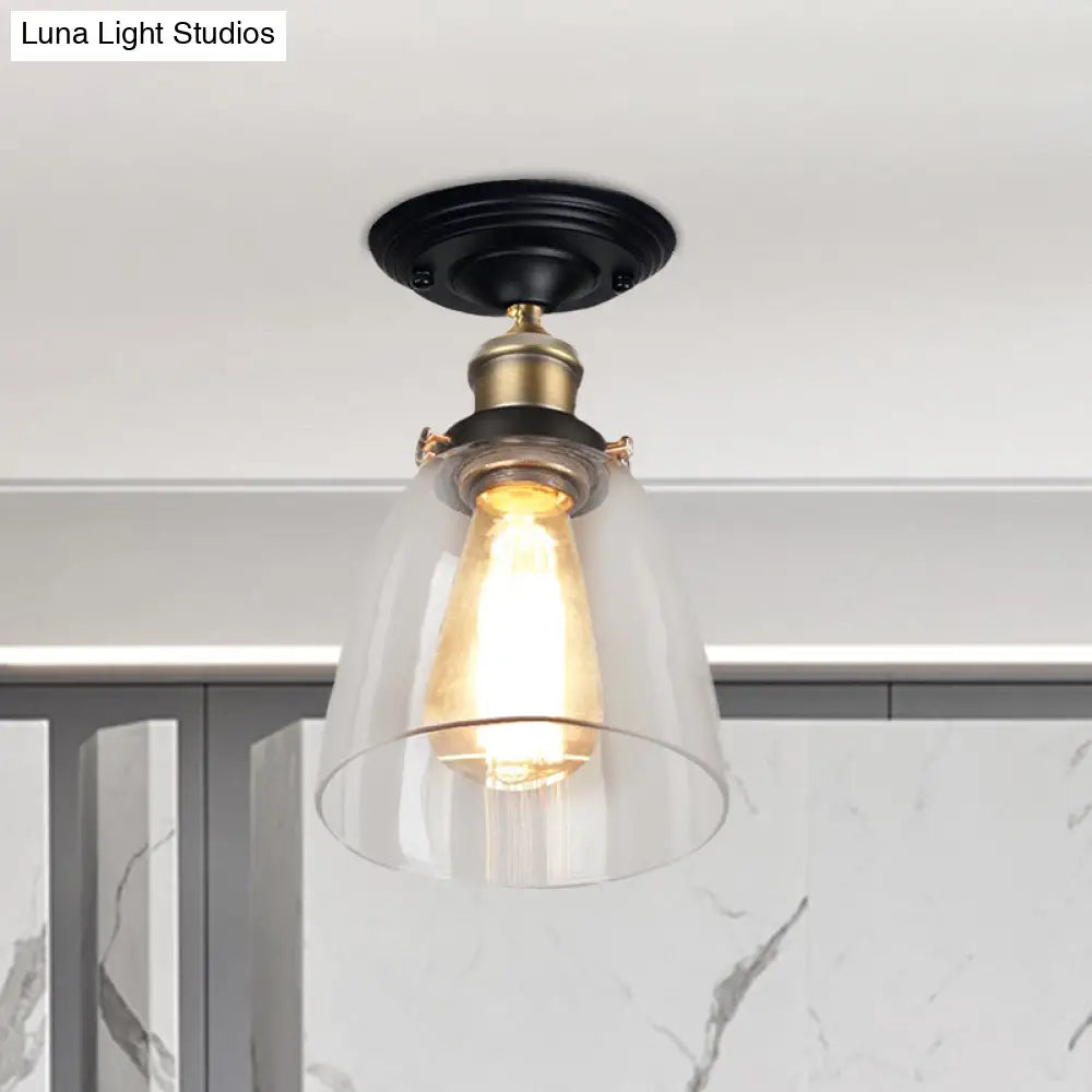 Vintage Cone Clear Glass Semi Flush Mount Light In Antique Brass – Ideal For Hallways