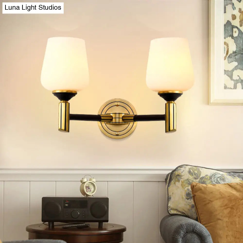 Vintage Conical Wall Sconce With Frosted Glass Shade In Black-Gold - Perfect For Foyer Lighting