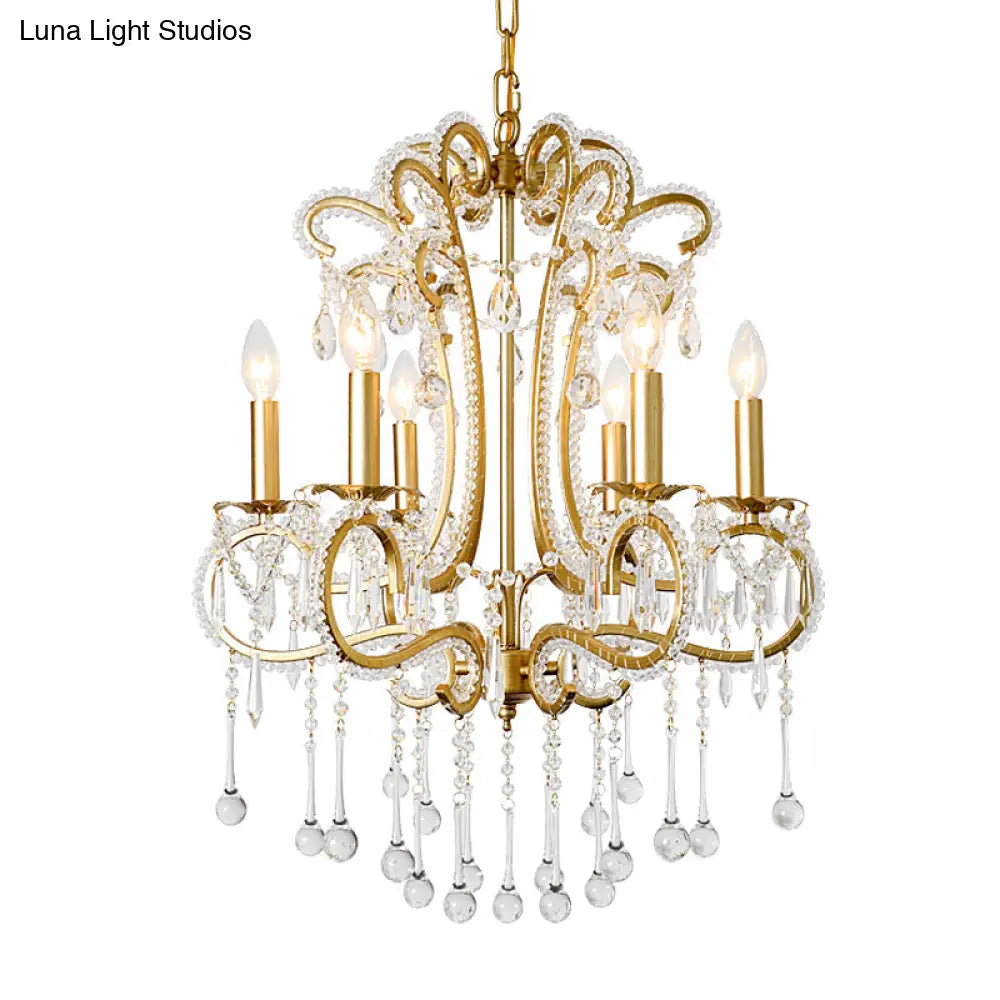 Vintage Crystal and Metal 6-Light Pendant for Bedroom with Gold Finish Gold