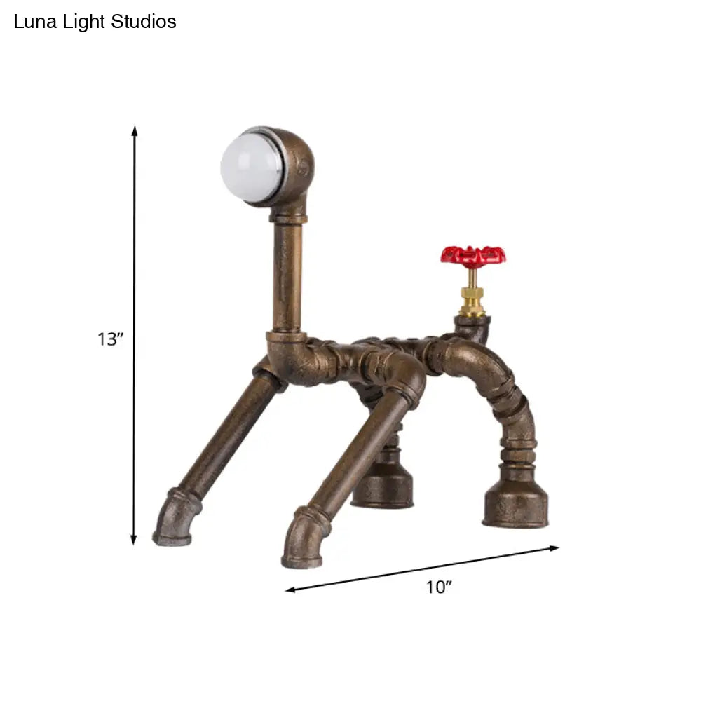 Vintage Dog Robot Small Brass Desk Lamp With Red Valve Deco - Ideal For Bedside