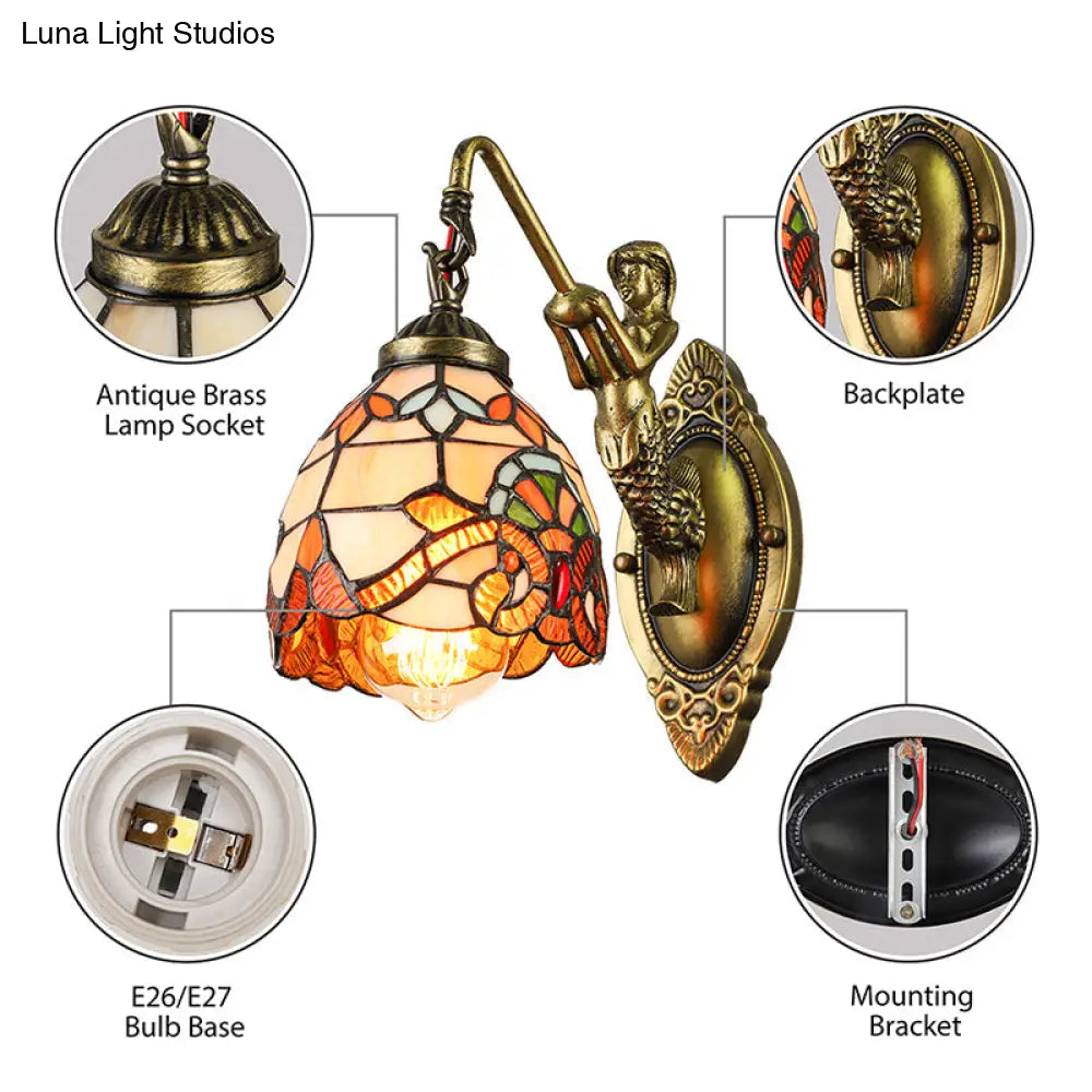 Vintage Dome Sconce Light 5.5 Width Stained Glass Fixture With Mermaid Design - 1
